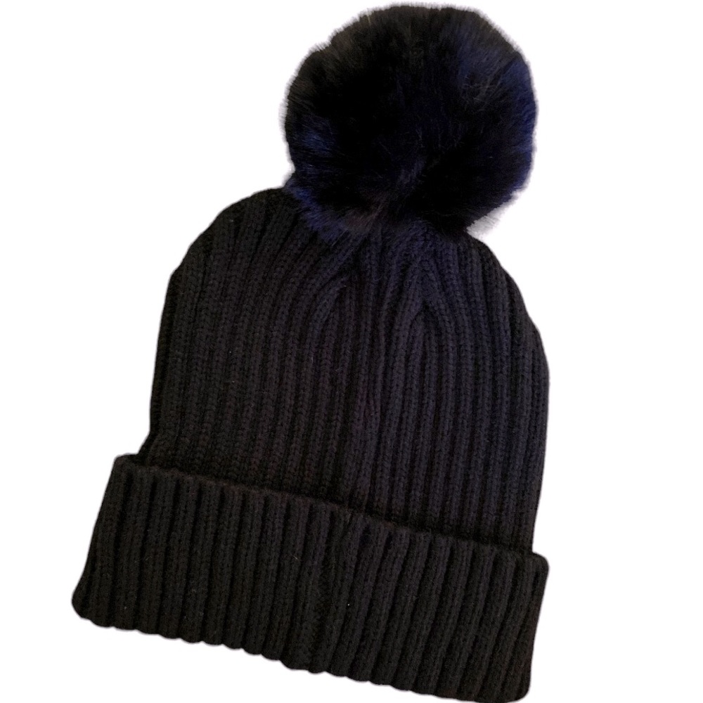 NWOT Black Ribbed Beanie Cap with Plush Pom